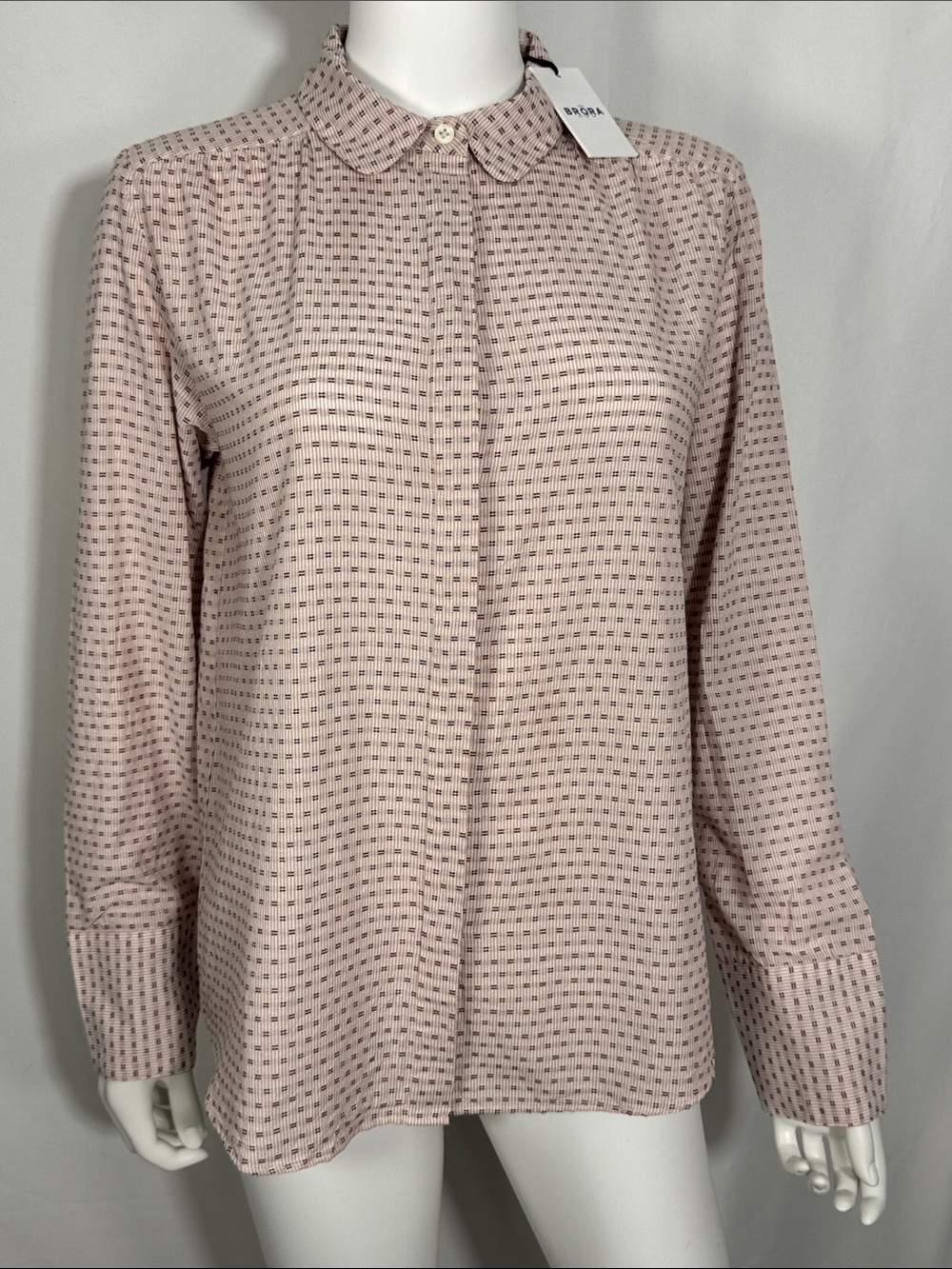 Brora NWT Cotton Geometric Print Blouse Pink Shell Ivory Size 6 Peter Pan Collar